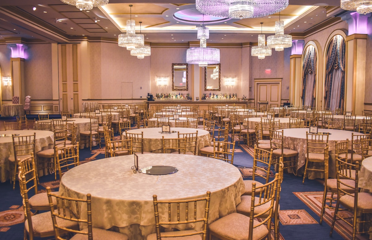 The hotel's ballroom set for an evening reception
